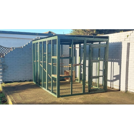 Waterproof Four-Sided Catio cat enclosure painted green.  182CM (6FT) X 274CM (9FT)